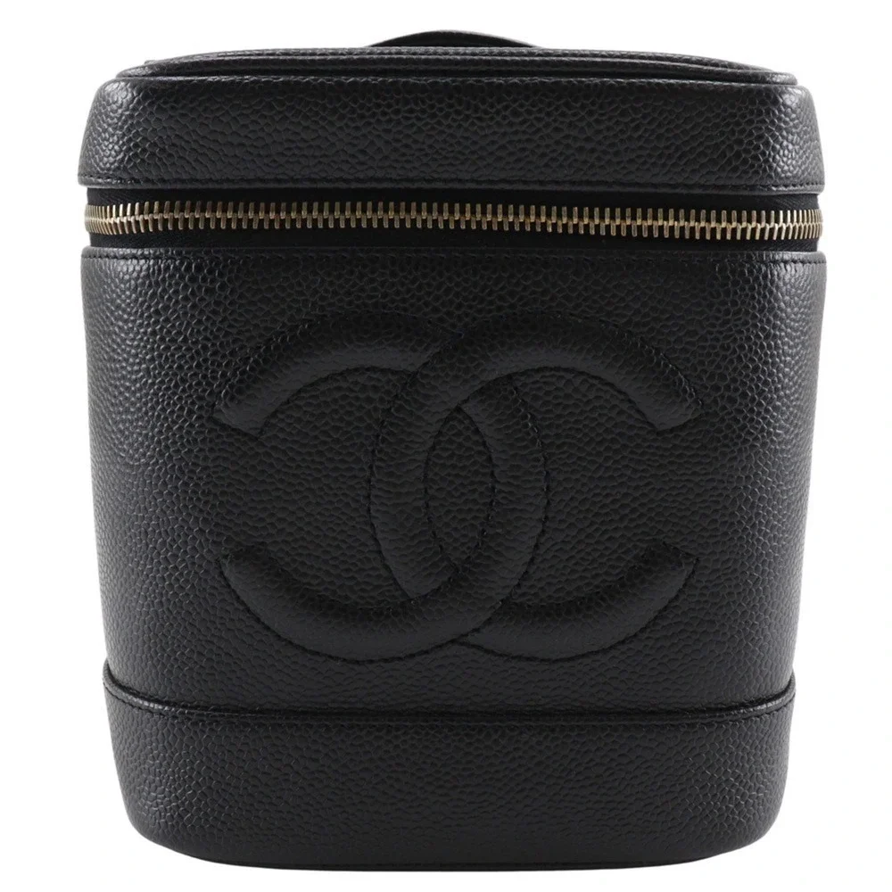 CHANEL Black Caviar Leather Logo Pouch
